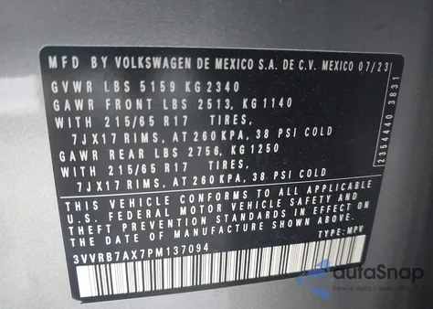 2023 Volkswagen Tiguan 2.0T S z USA, uszkodzony, nr VIN 3VVRB7AX7PM137094